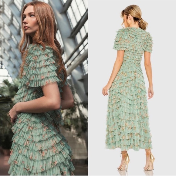 Mac Duggal 8014 Ruffle Tiered Short Sleeve A-Line Dress NWT Sage Multi - Picture 2 of 16